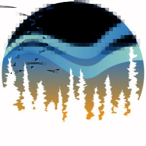 Interior Alaska Land Trust logo: black and blue wavy background with white silhouetted spruce trees, orange backlighting