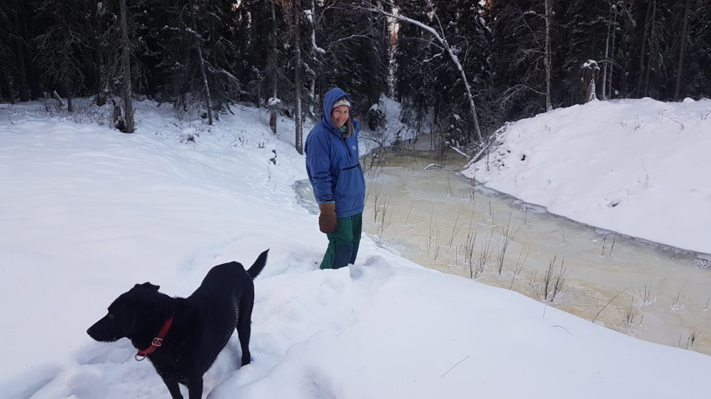 IALT founder Tako Raynolds and dog Corvin at the restored Cripple Creek. It is frozen, but water is flowing underneath.